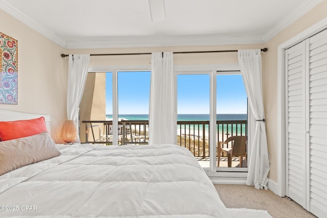 carpeted bedroom featuring crown molding, a water view, and access to exterior