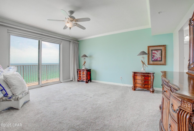 8601 Surf Dr Unit 14E, Panama City, FL 32408 - carpeted bedroom with baseboards, ornamental molding, ceiling fan, and access to exterior