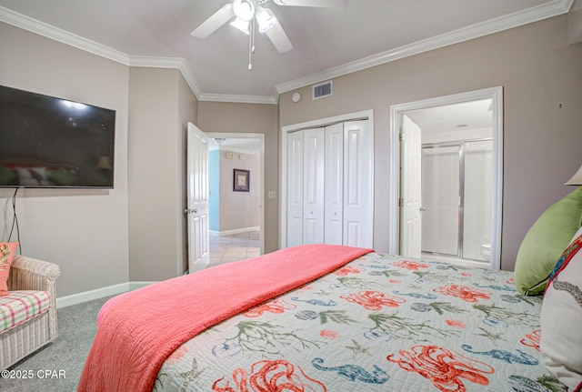 8601 Surf Dr Unit 14E, Panama City, FL 32408 - bedroom with crown molding, ceiling fan, carpet floors, visible vents, and a closet
