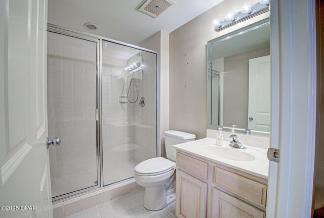 8601 Surf Dr Unit 14E, Panama City, FL 32408 - full bath with visible vents, vanity, toilet, tile patterned floors, and a shower stall