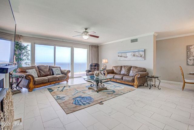8601 Surf Dr Unit 14E, Panama City, FL 32408 - living area with visible vents, crown molding, marble finish floor, and ceiling fan
