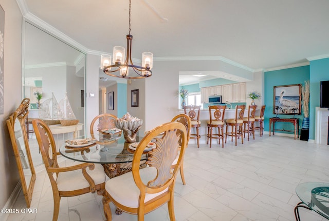 8601 Surf Dr Unit 14E, Panama City, FL 32408 - dining space with crown molding, a notable chandelier, and marble finish floor