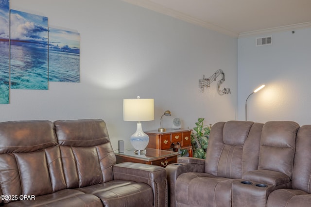 living area with ornamental molding