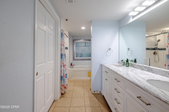 bathroom featuring tile patterned flooring, a shower with curtain, double vanity, and recessed lighting