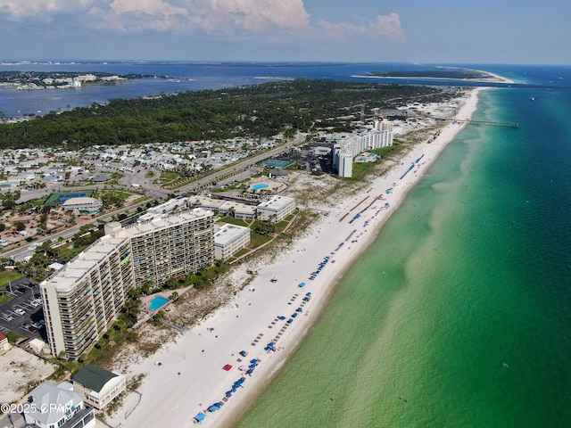 aerial view featuring a beach view and a water view