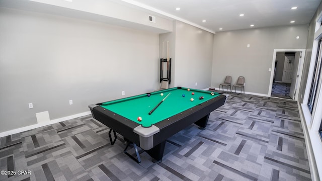 recreation room with carpet floors, pool table, and baseboards