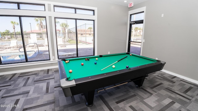 game room featuring carpet floors, baseboards, and billiards