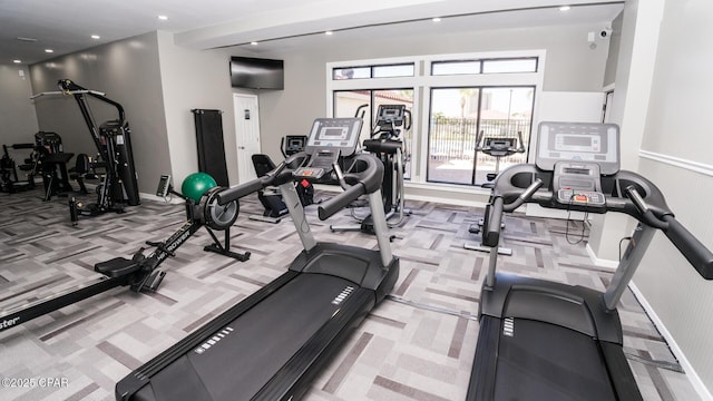 workout area with light colored carpet and recessed lighting