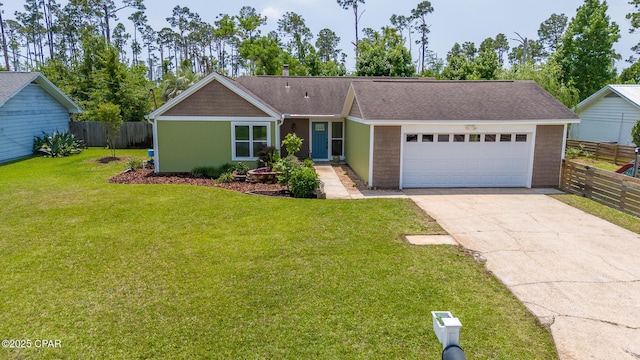 ranch-style house featuring concrete driveway, a front lawn, a garage, and fence