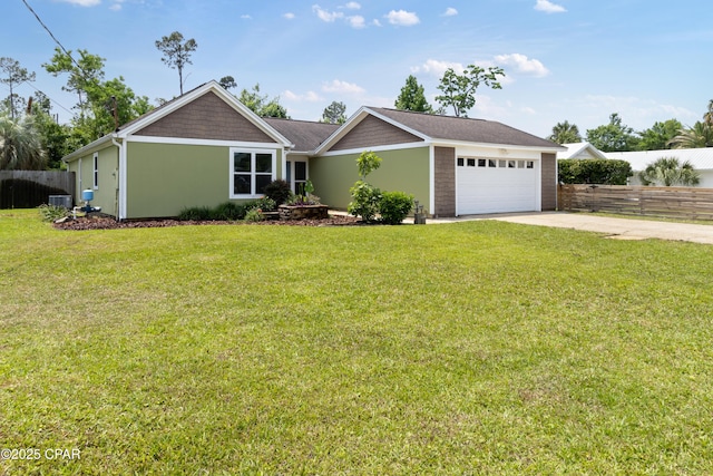 view of front facade featuring fence, an attached garage, concrete driveway, a front lawn, and cooling unit