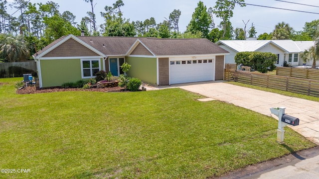 ranch-style house with fence, a garage, a front lawn, and concrete driveway