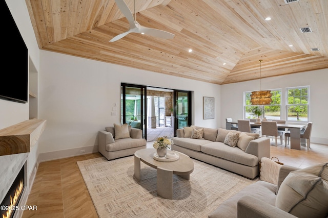 living room featuring visible vents, vaulted ceiling, wooden ceiling, baseboards, and recessed lighting