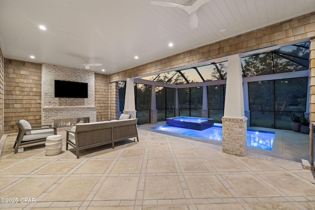 view of patio featuring an outdoor hangout area, ceiling fan, an outdoor pool, an in ground hot tub, and a lanai