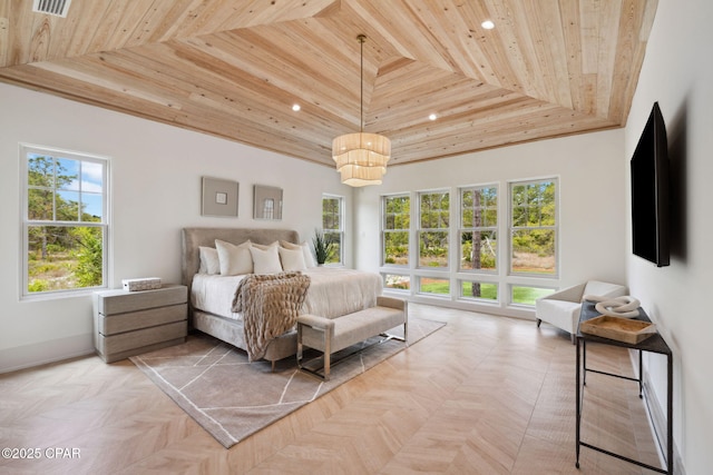 bedroom featuring wood ceiling, baseboards, a tray ceiling, and recessed lighting