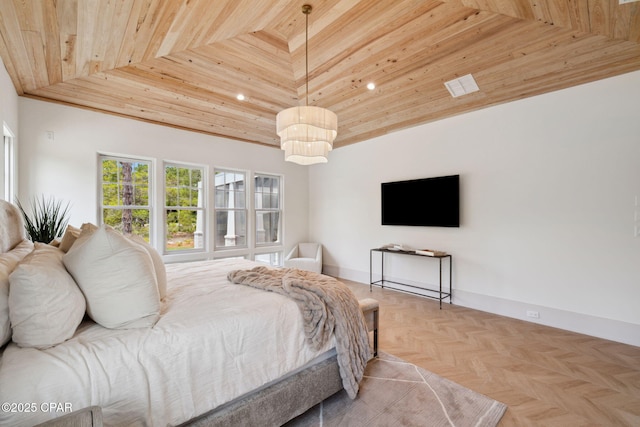 bedroom featuring recessed lighting, baseboards, wooden ceiling, and lofted ceiling