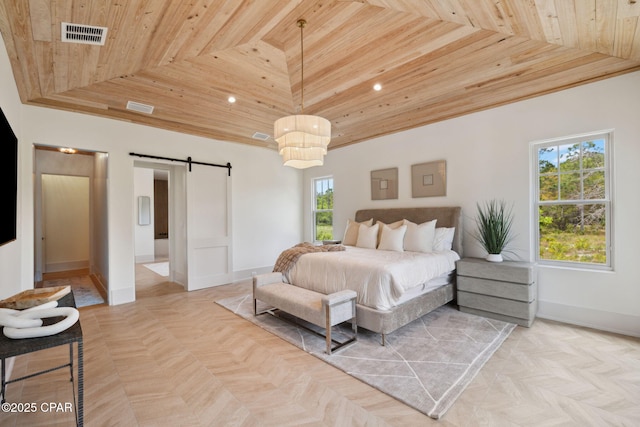 bedroom featuring visible vents, baseboards, recessed lighting, a barn door, and wood ceiling