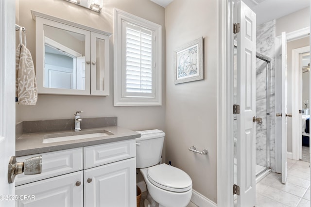 full bathroom featuring vanity, toilet, a stall shower, and tile patterned flooring