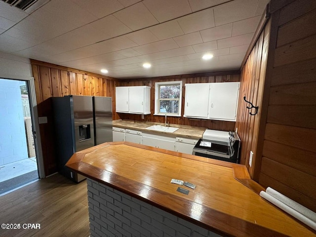 3733 Benbow St, Panama City Beach, FL 32408 - kitchen featuring a sink, appliances with stainless steel finishes, butcher block countertops, wood finished floors, and wooden walls