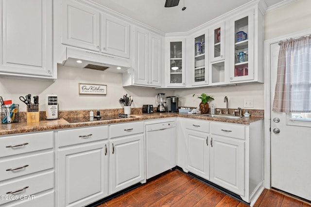 4025 Venus St, Panama City Beach, FL 32408 - kitchen featuring a sink, black electric cooktop, white cabinets, under cabinet range hood, and dishwasher