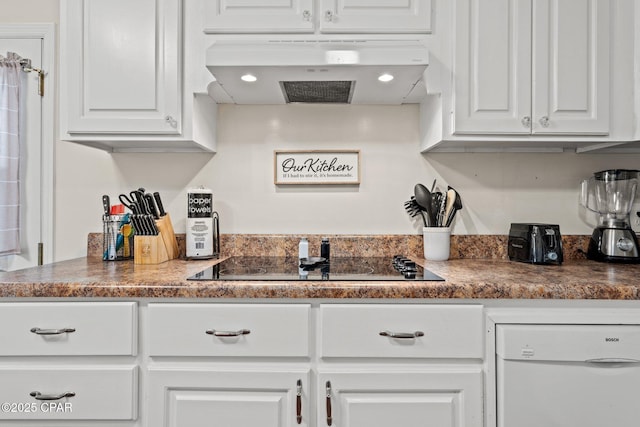 4025 Venus St, Panama City Beach, FL 32408 - kitchen featuring black electric cooktop, white cabinetry, under cabinet range hood, and white dishwasher