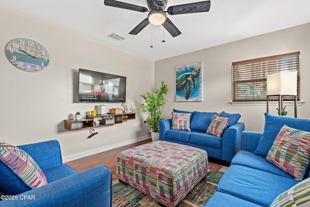 4025 Venus St, Panama City Beach, FL 32408 - living area featuring ceiling fan, baseboards, visible vents, and wood finished floors