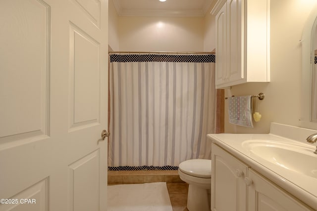 bathroom with crown molding, vanity, toilet, tile patterned floors, and a shower with shower curtain
