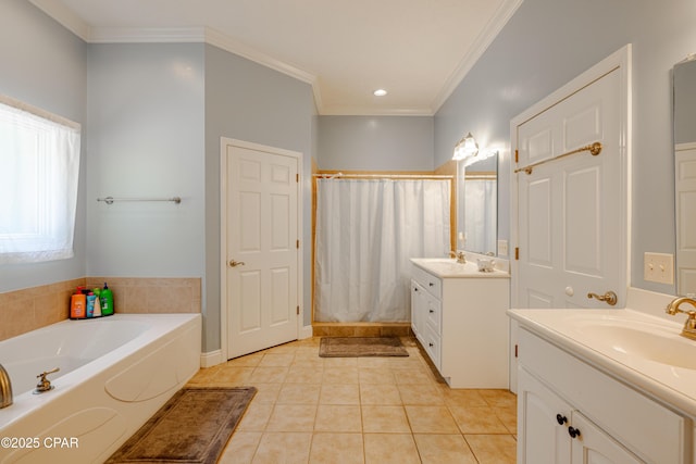 bathroom with a garden tub, a sink, tile patterned floors, and two vanities