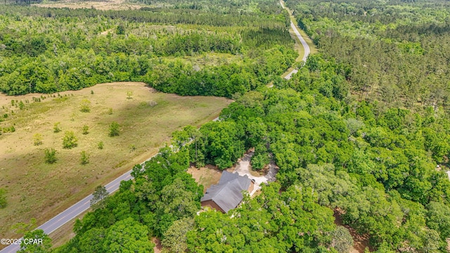 birds eye view of property featuring a wooded view