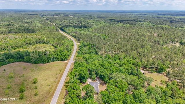 bird's eye view with a wooded view