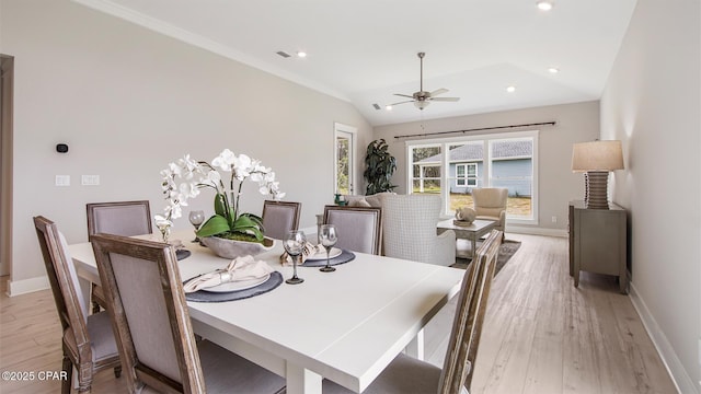 845 Walsonham Dr, Panama City Beach, FL 32407 - dining space with light wood-style floors, baseboards, vaulted ceiling, ceiling fan, and recessed lighting