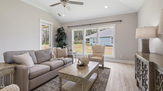 845 Walsonham Dr, Panama City Beach, FL 32407 - living area with lofted ceiling, light wood-style floors, a ceiling fan, baseboards, and recessed lighting