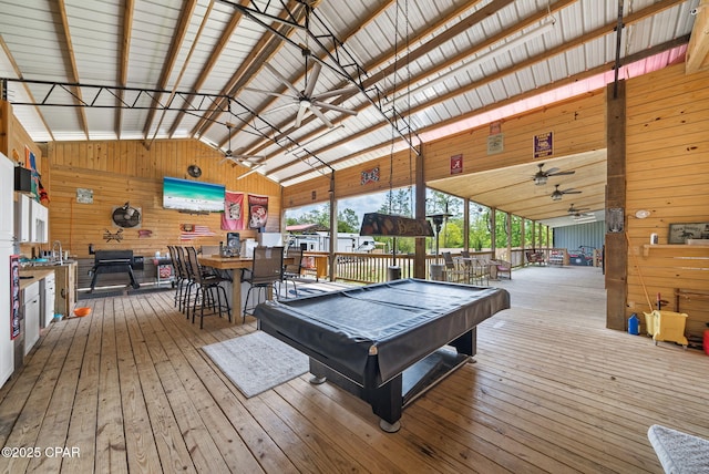 2612 NW County Road 274, Fountain, FL 32438 - game room with ceiling fan, pool table, vaulted ceiling, hardwood / wood-style flooring, and wooden walls