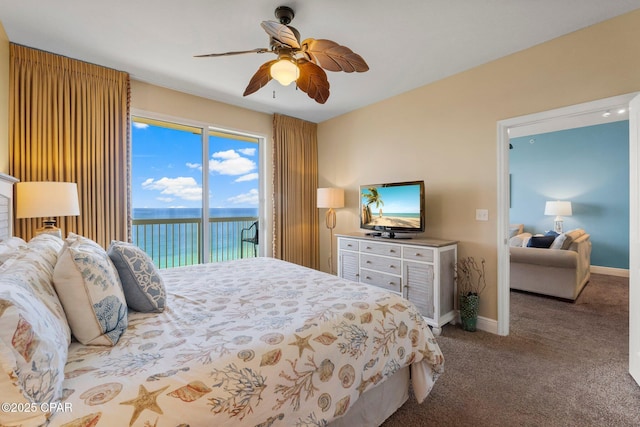 carpeted bedroom with baseboards, access to outside, and ceiling fan