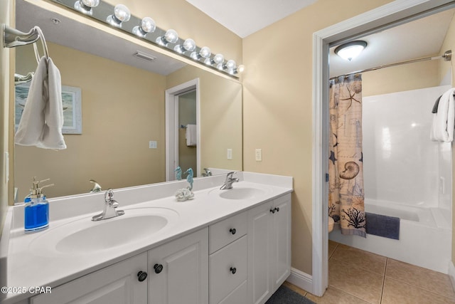 bathroom featuring tile patterned floors, double vanity, a sink, and shower / bathtub combination with curtain