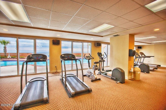 exercise room with a paneled ceiling, carpet flooring, and baseboards