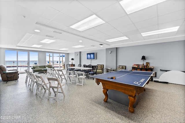 rec room with a drop ceiling, billiards, and visible vents