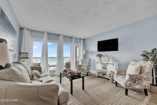 living area with a textured ceiling