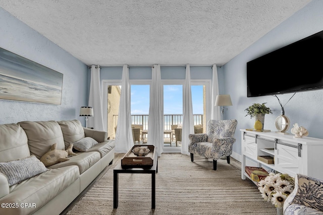 living area with a textured ceiling