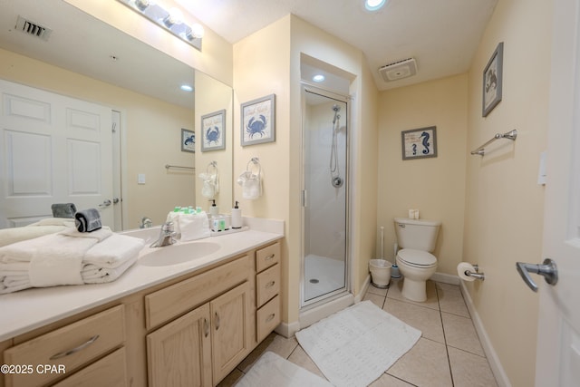 bathroom featuring a stall shower, toilet, visible vents, tile patterned flooring, and vanity
