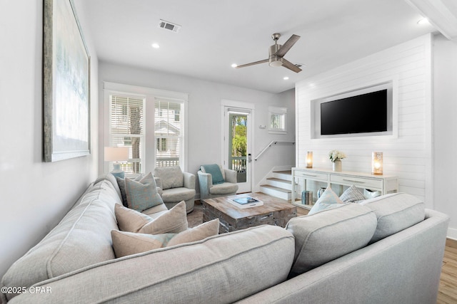 345 Redbud Ln, Inlet Beach, FL 32461 - living room featuring wood finished floors, stairway, ceiling fan, and recessed lighting