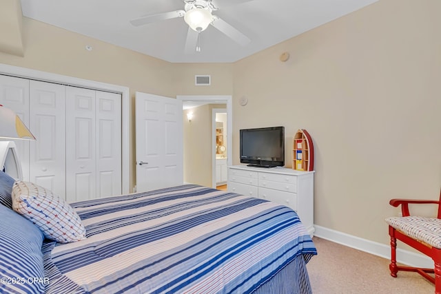 14825 Front Beach Rd Unit 2502, Panama City Beach, FL 32413 - bedroom with light carpet, baseboards, a closet, and ceiling fan