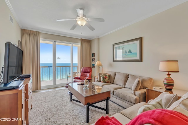 14825 Front Beach Rd Unit 2502, Panama City Beach, FL 32413 - living area featuring ornamental molding, a water view, and ceiling fan