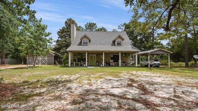 view of front of property featuring an outbuilding, a chimney, a front lawn, a detached carport, and a porch