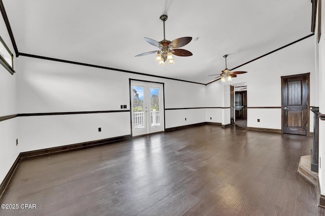 8508 S Holland Rd, Southport, FL 32409 - empty room with french doors, a ceiling fan, wood finished floors, baseboards, and crown molding