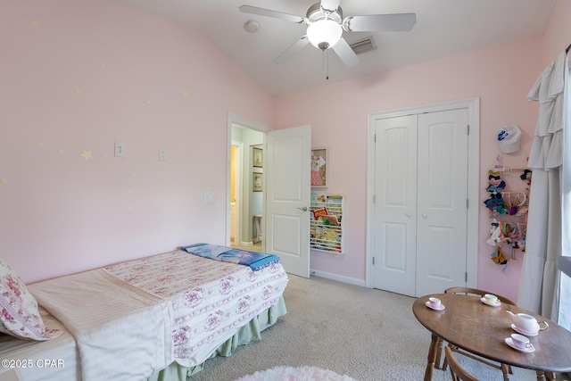 3543 Brentwood Pl, Panama City, FL 32404 - bedroom featuring light colored carpet, a closet, lofted ceiling, ceiling fan, and baseboards