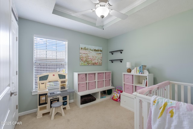 3543 Brentwood Pl, Panama City, FL 32404 - bedroom with carpet floors, a crib, a ceiling fan, ornamental molding, and a tray ceiling