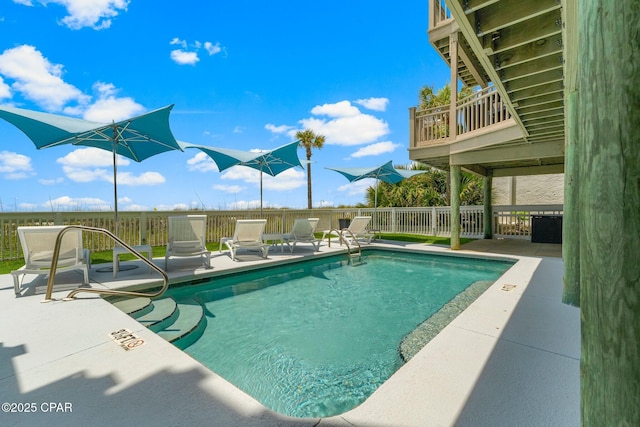 view of swimming pool with fence and a patio area