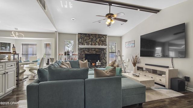 722 E Pine Forest Dr, Lynn Haven, FL 32444 - living room featuring dark wood-style flooring, a ceiling fan, a fireplace, and baseboards