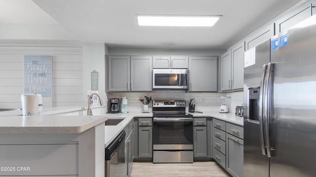 kitchen with stainless steel appliances, gray cabinetry, a sink, a peninsula, and tasteful backsplash