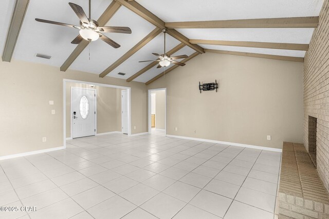 7936 Betty Louise Dr, Panama City, FL 32404 - unfurnished living room featuring a ceiling fan, light tile patterned floors, baseboards, a fireplace, and brick wall